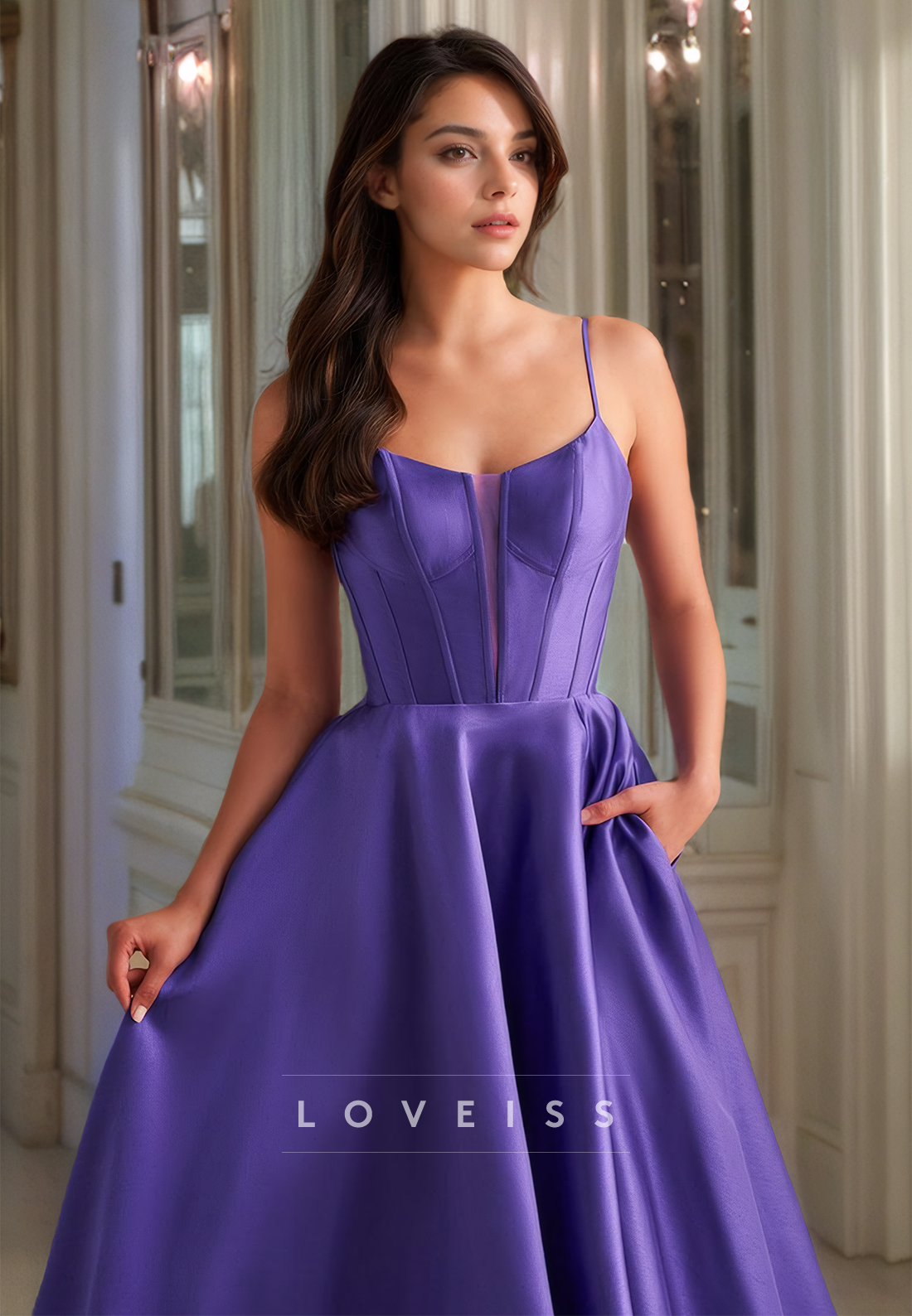 Scoop Spaghetti Straps Pleated Satin A-Line Prom Dress