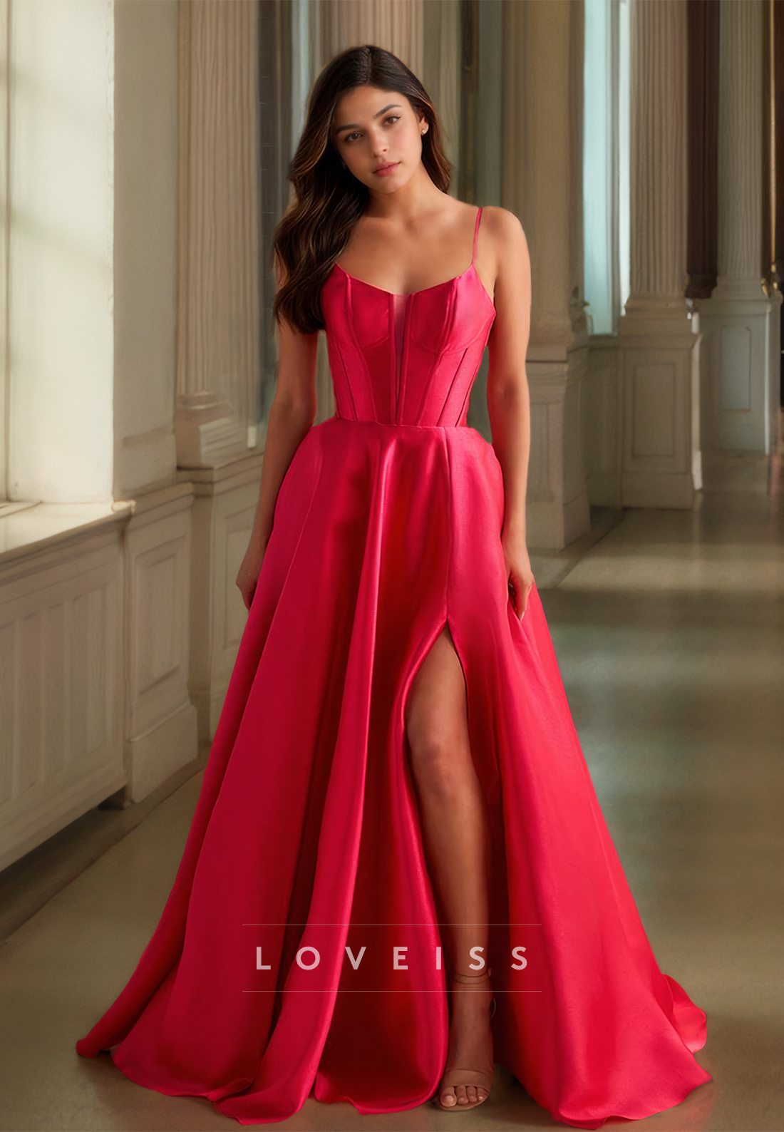 Scoop Spaghetti Straps Pleated Satin A-Line Prom Dress