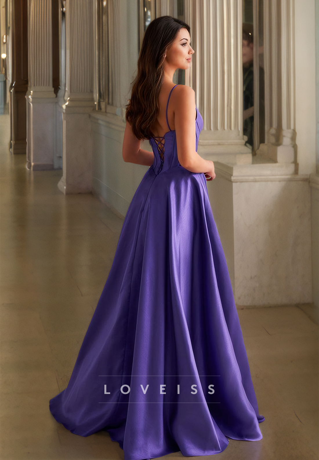 Scoop Spaghetti Straps Pleated Satin A-Line Prom Dress