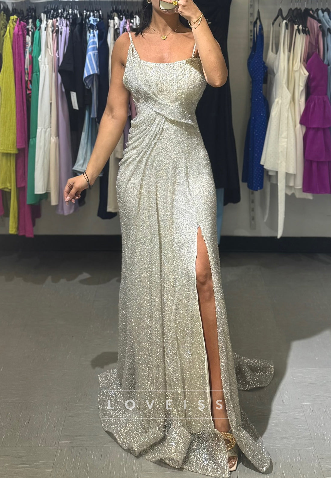 Scoop Spaghetti Straps Pleated Sparkly Sheath Evening Dress