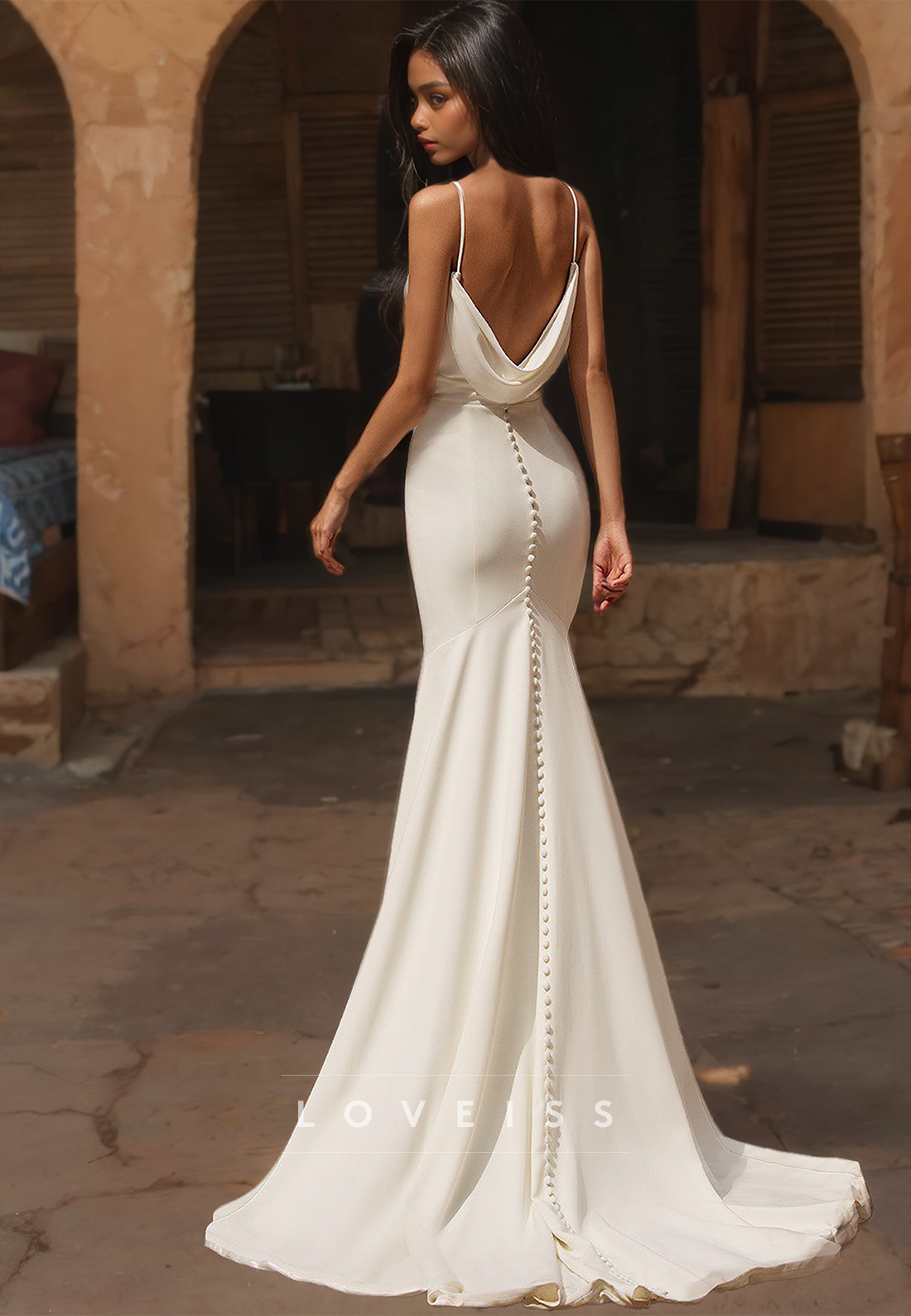 Scoop Spaghetti Straps Sleek Mermaid Beach Wedding Dress