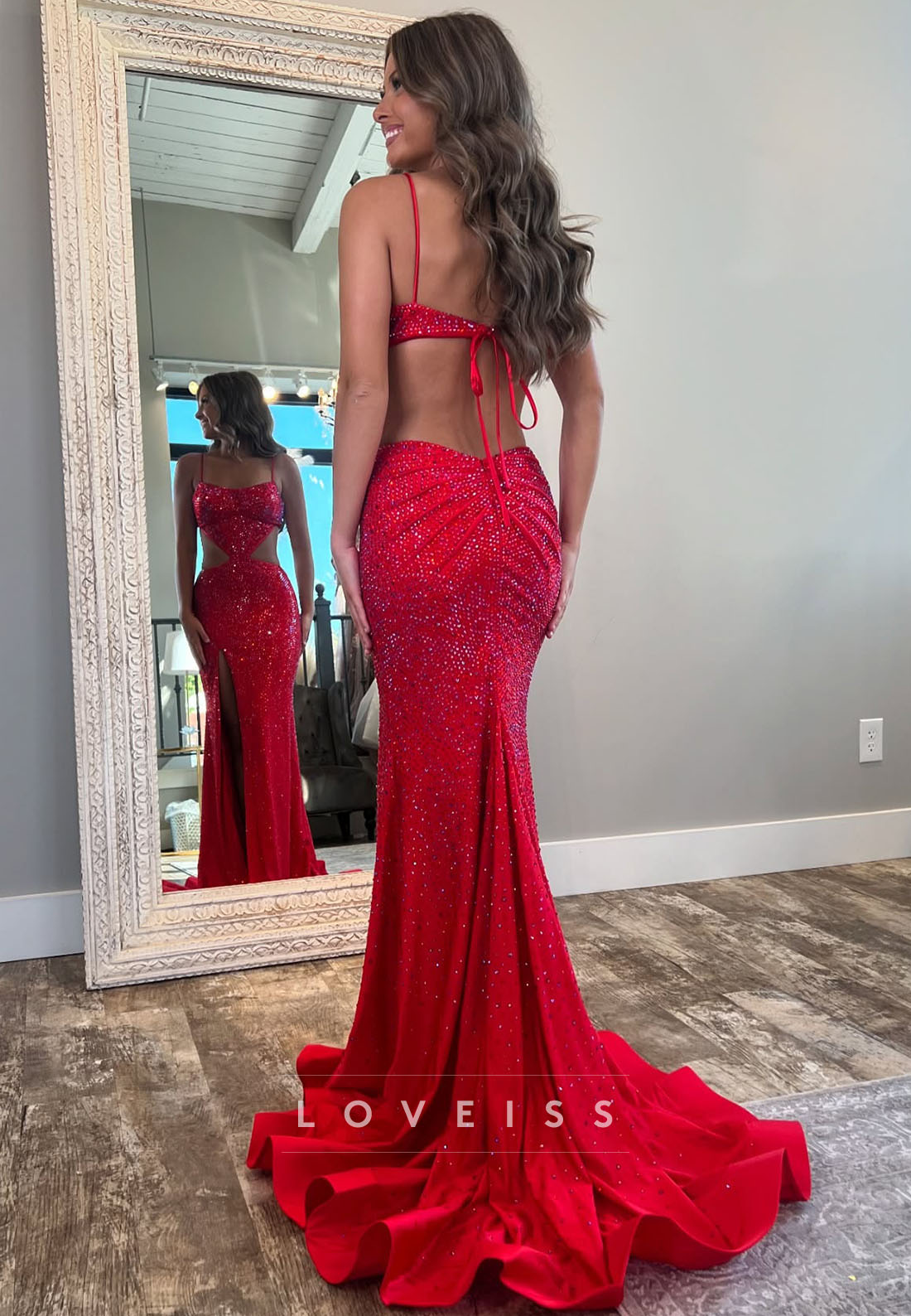 Scoop Spaghetti Straps Sparkly Illusion Sheath Prom Dress