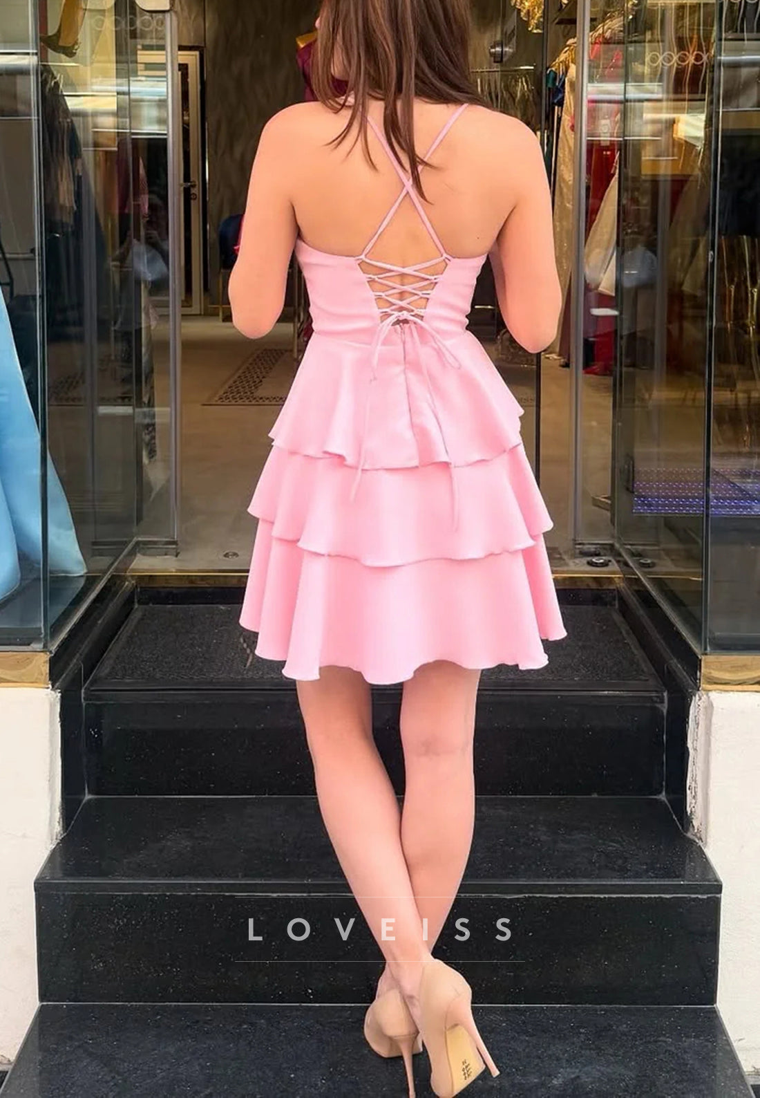 Scoop Spaghetti Straps Tiered A-Line Party Homecoming Dress