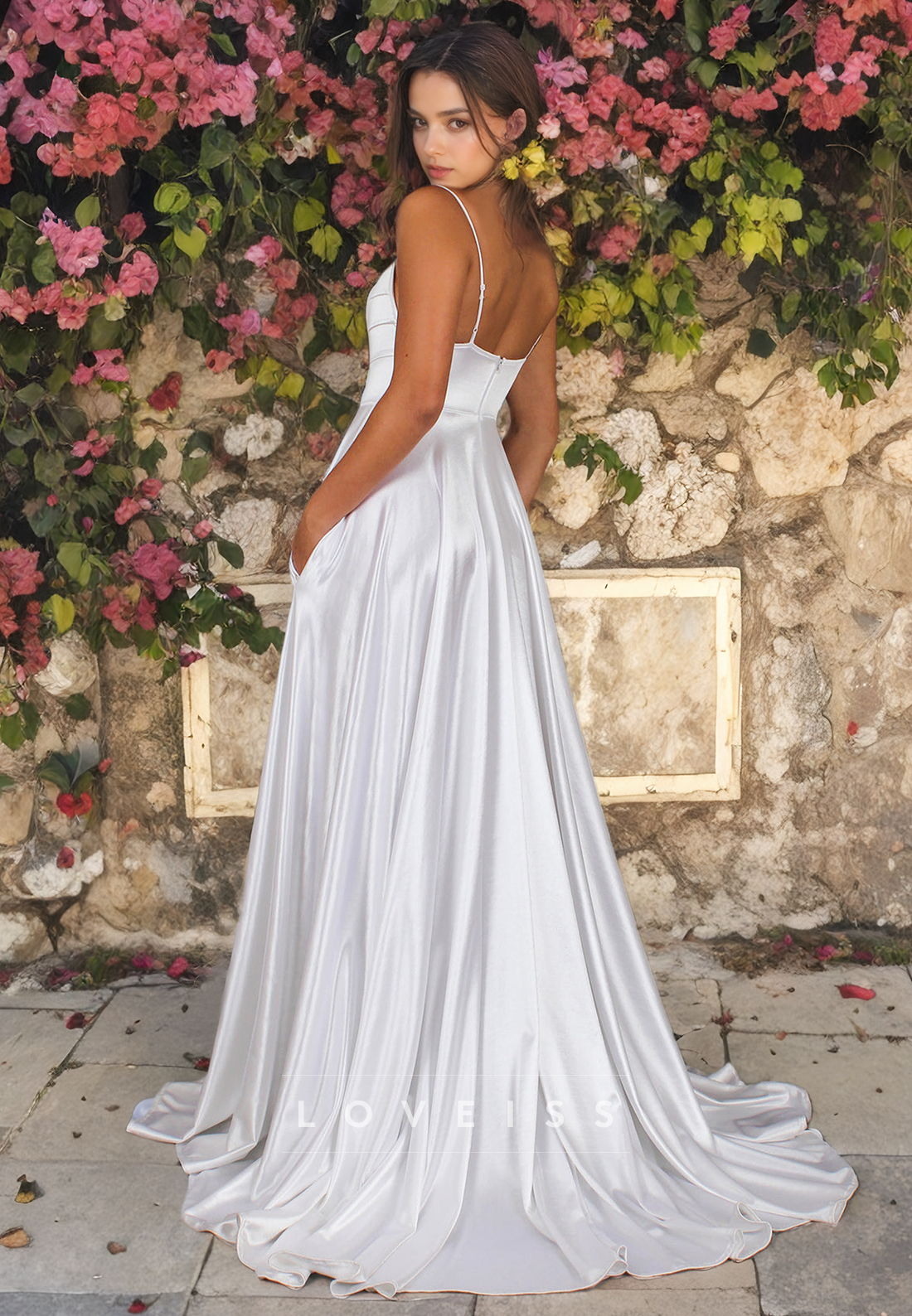 Scoop Spaghetti Strsps Pleated A-Line Beach Wedding Dress