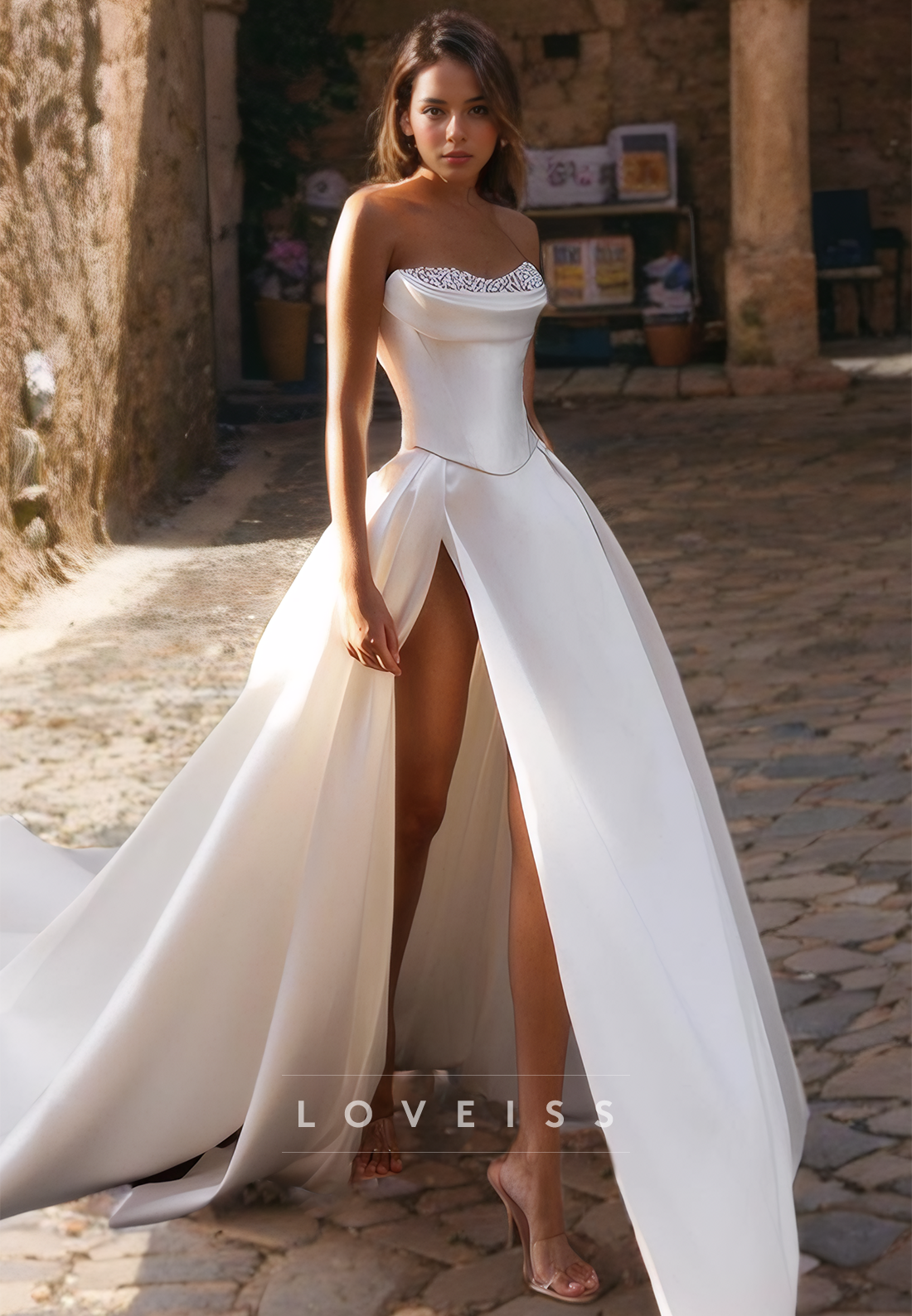 Scoop Strapless Beaded High Slit A-Line Wedding Dress