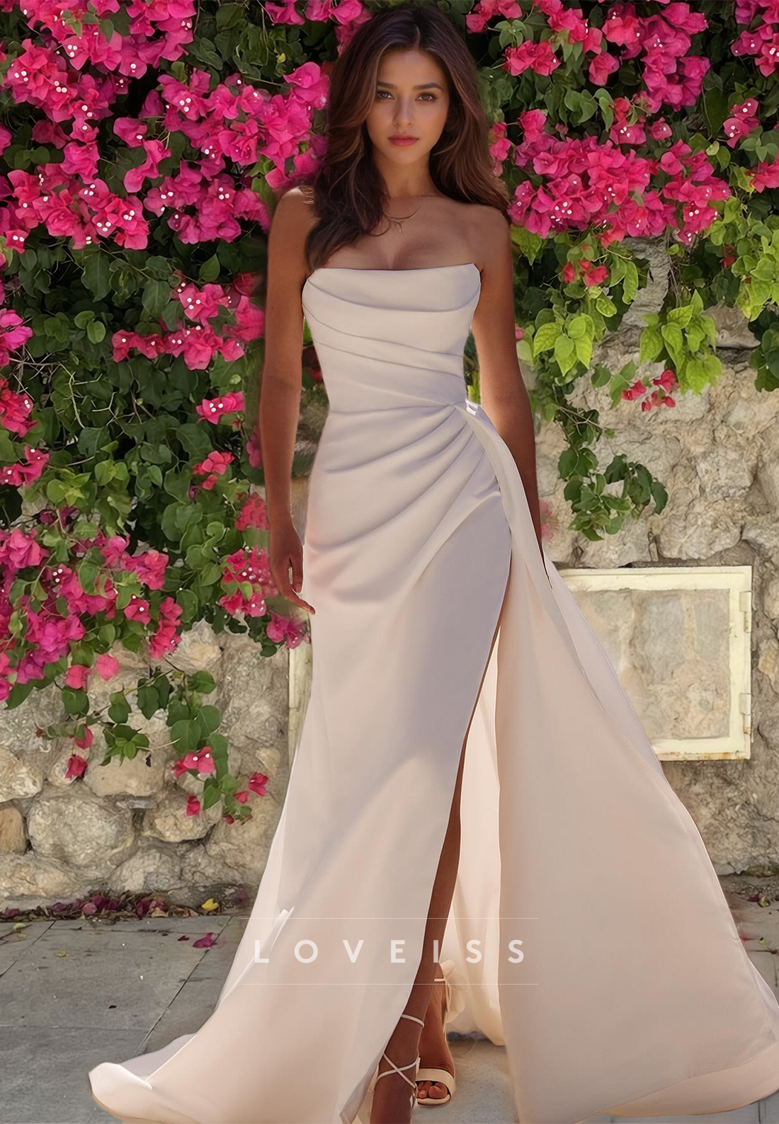 Scoop Strapless Ruched High Slit Satin Beach Wedding Dress Loveiss Scoop Strapless Ruched High Slit Satin Beach Wedding Dress Loveiss