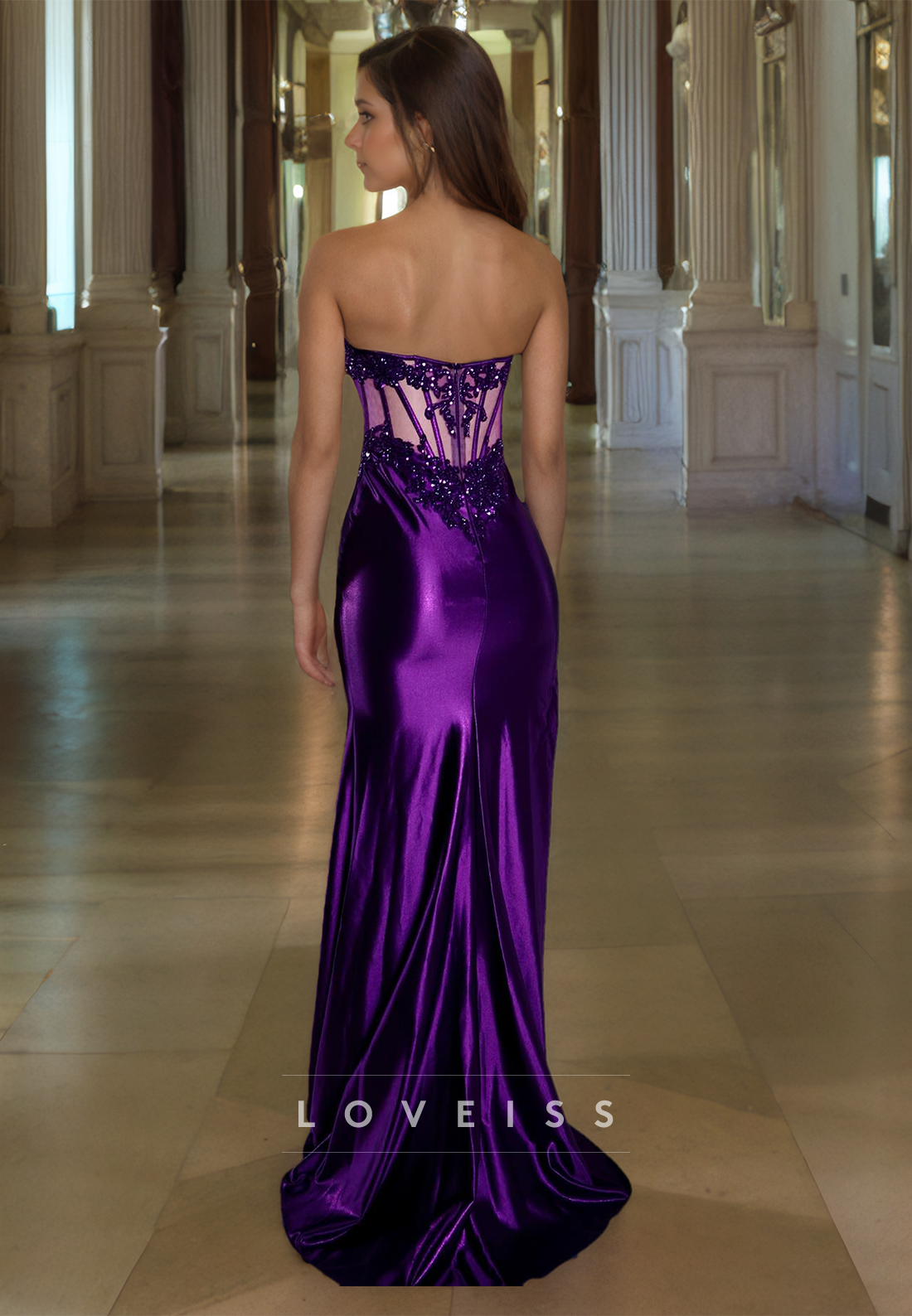 Scoop Strapless Sheer Appliques Side Slit Sheath Prom Dress