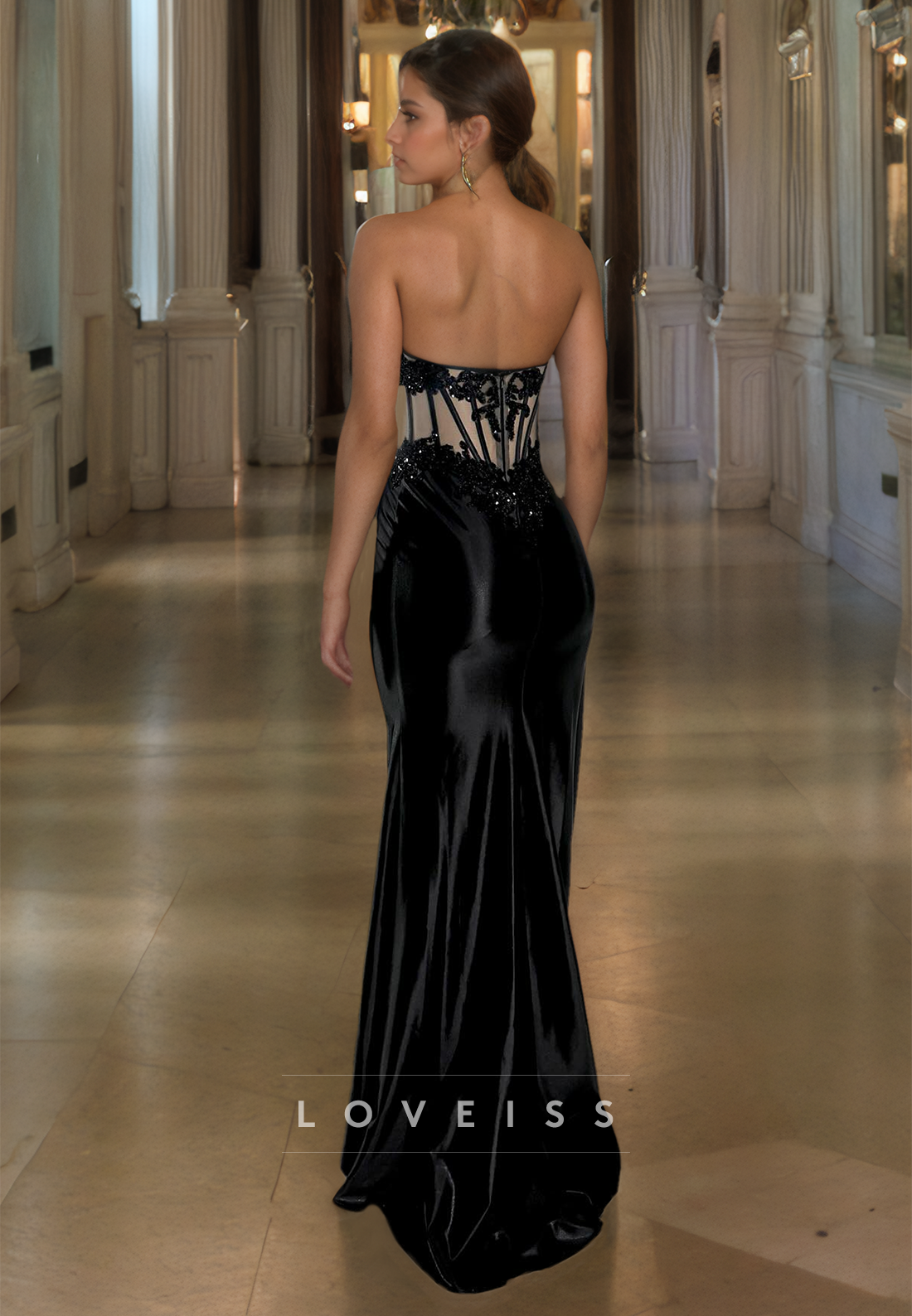 Scoop Strapless Sheer Appliques Side Slit Sheath Prom Dress