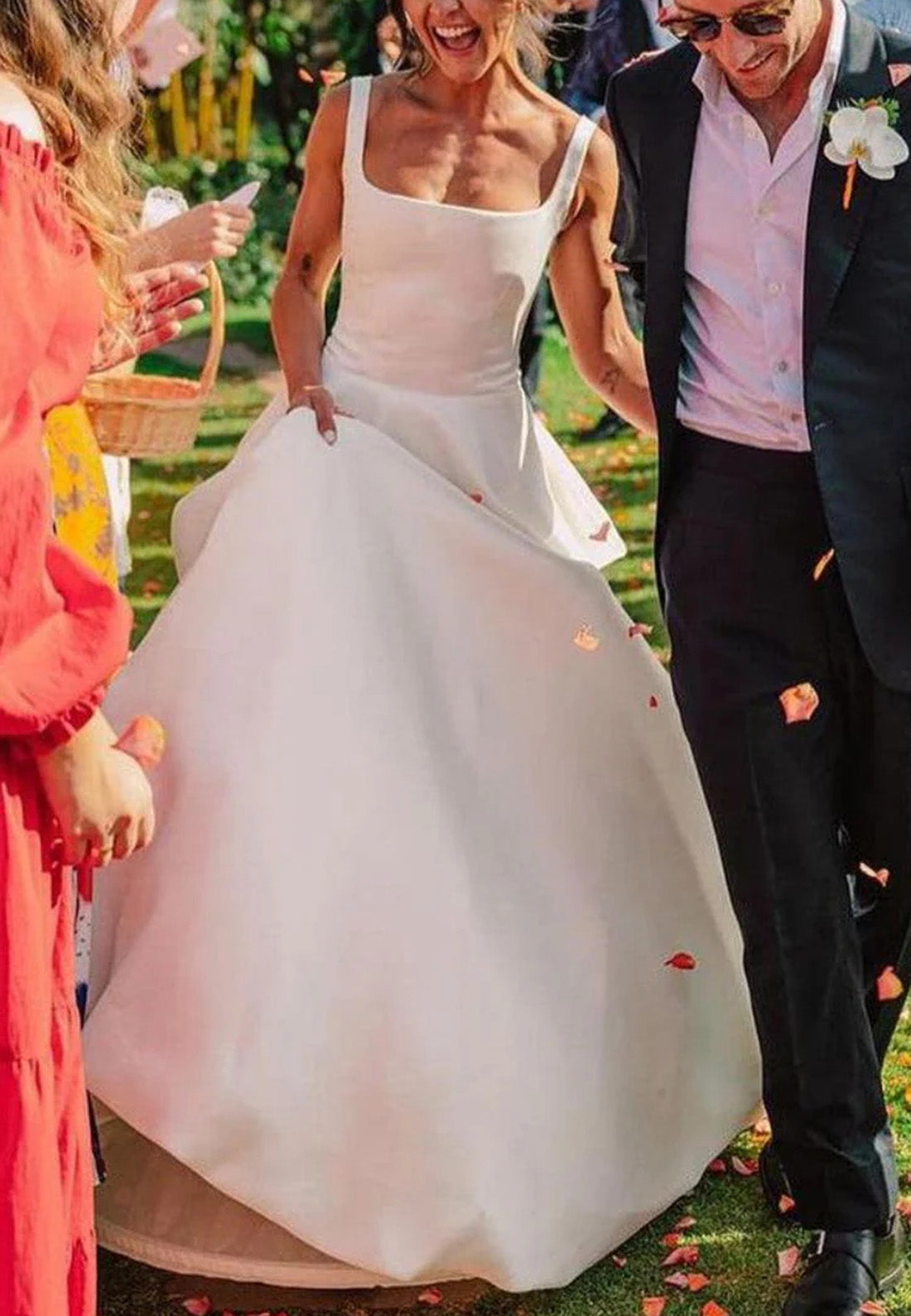 Scoop Straps Backless Bowknot Sleek Satin A-Line Wedding Dress