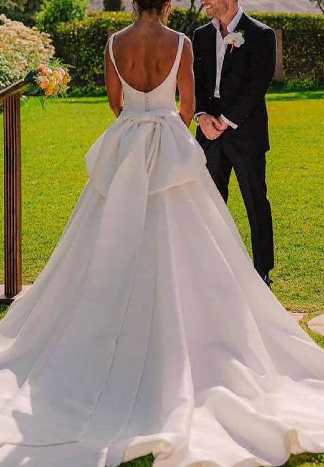 Scoop Straps Backless Bowknot Sleek Satin A-Line Wedding Dress