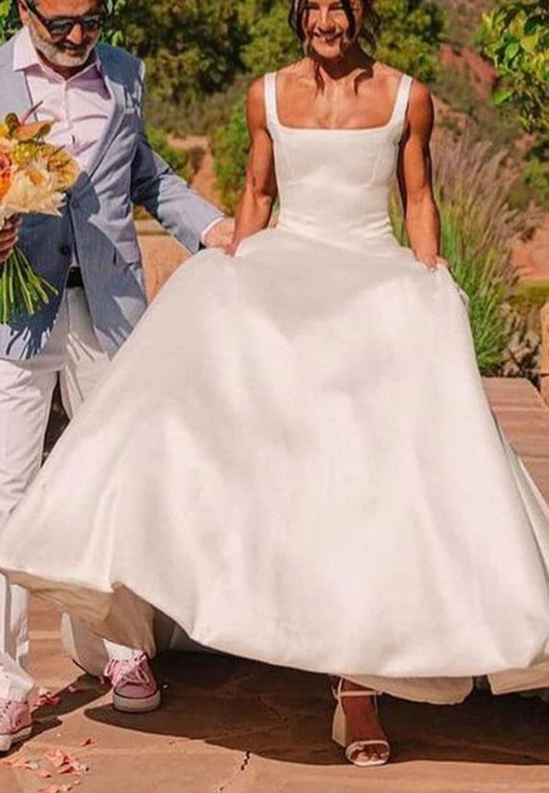 Scoop Straps Backless Bowknot Sleek Satin A-Line Wedding Dress
