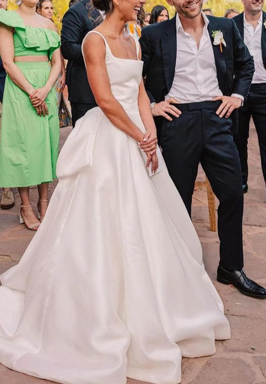 Scoop Straps Backless Bowknot Sleek Satin A-Line Wedding Dress