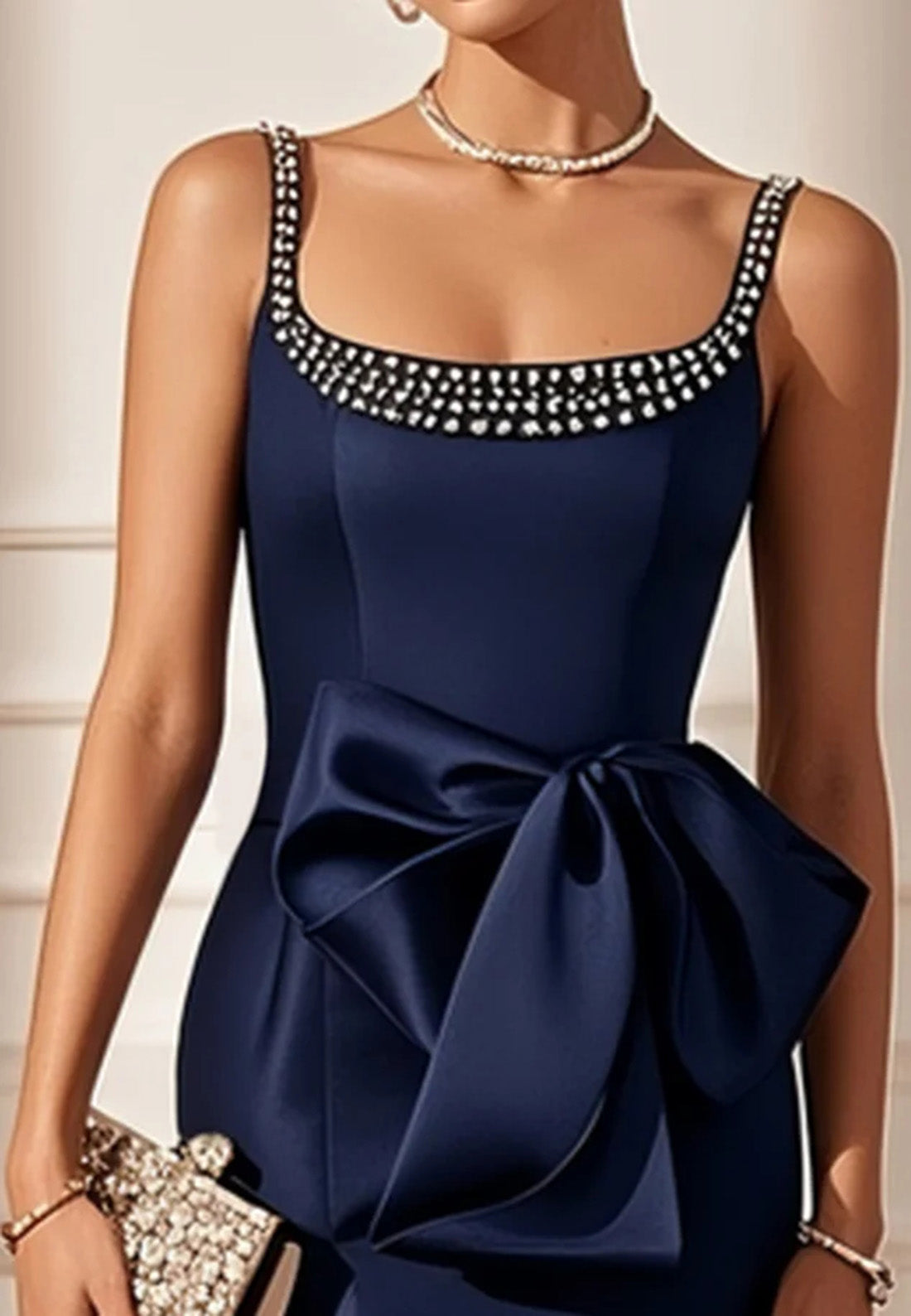 Scoop Straps Beaded Bowknot Sheath Semi Formal Dress