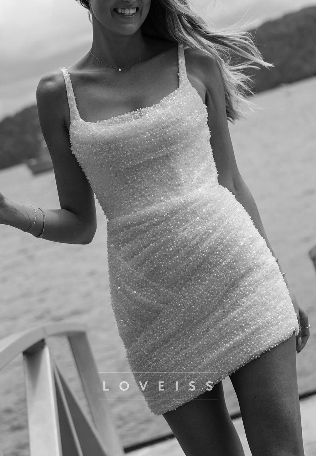 Scoop Straps Beaded Embroidery Short Sheath Wedding Dress