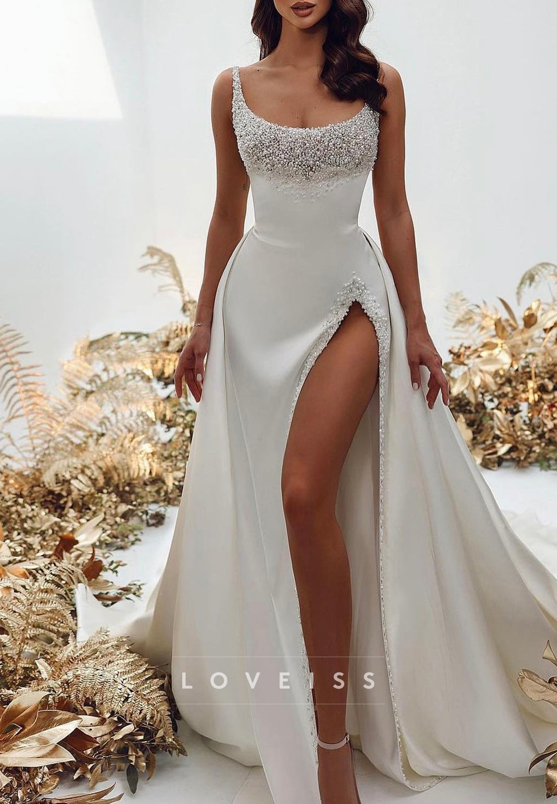 Scoop Straps Beaded High Slit Sheath Wedding Dress