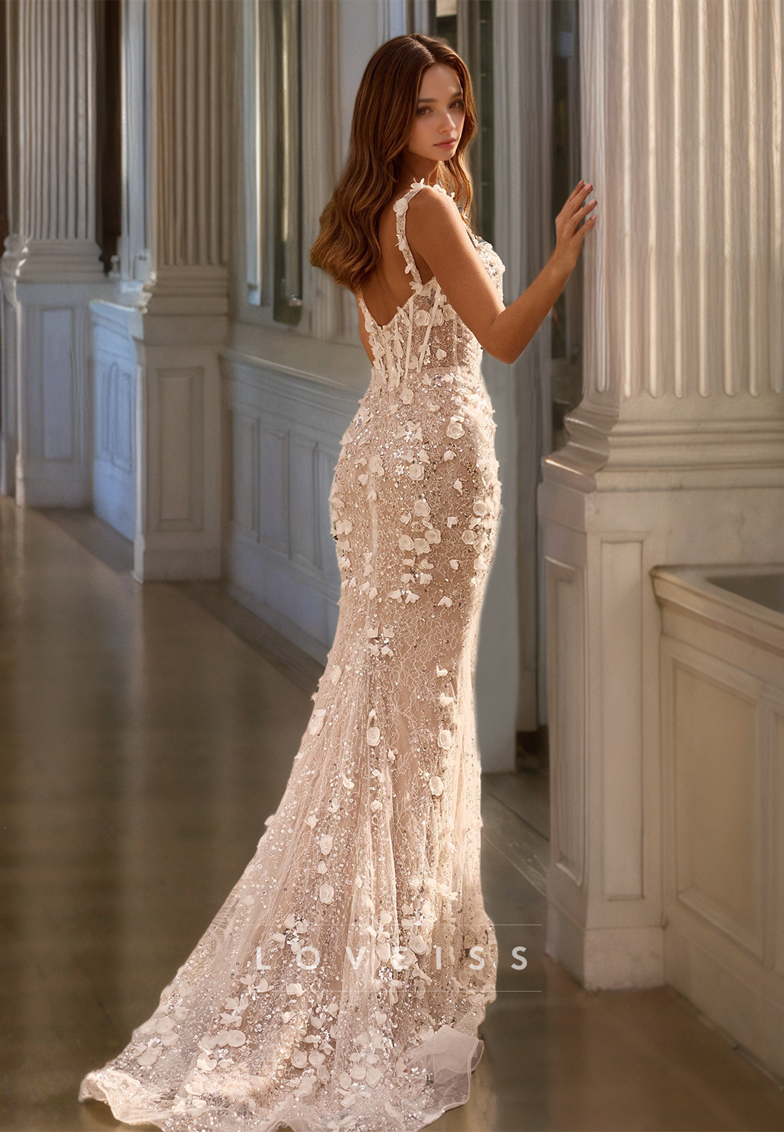 Scoop Straps Floral Embellished Appliques Mermaid Prom Dress