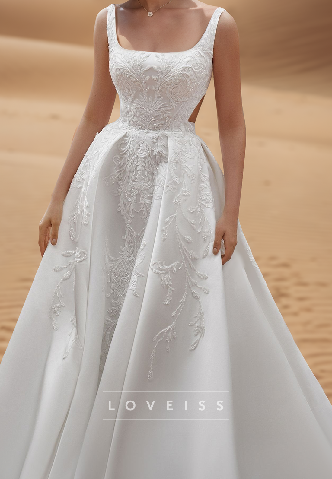 Scoop Straps Lace Appliques Pleated Satin A-Line Wedding Dress