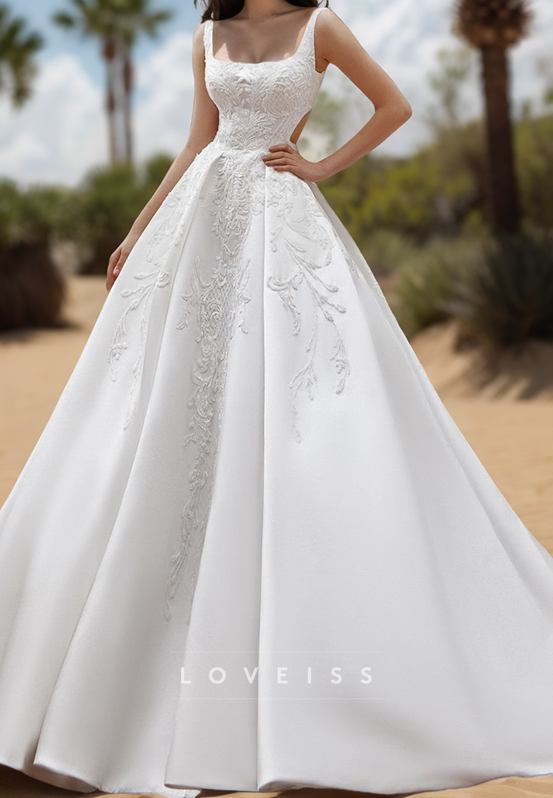 Scoop Straps Lace Appliques Pleated Satin A-Line Wedding Dress