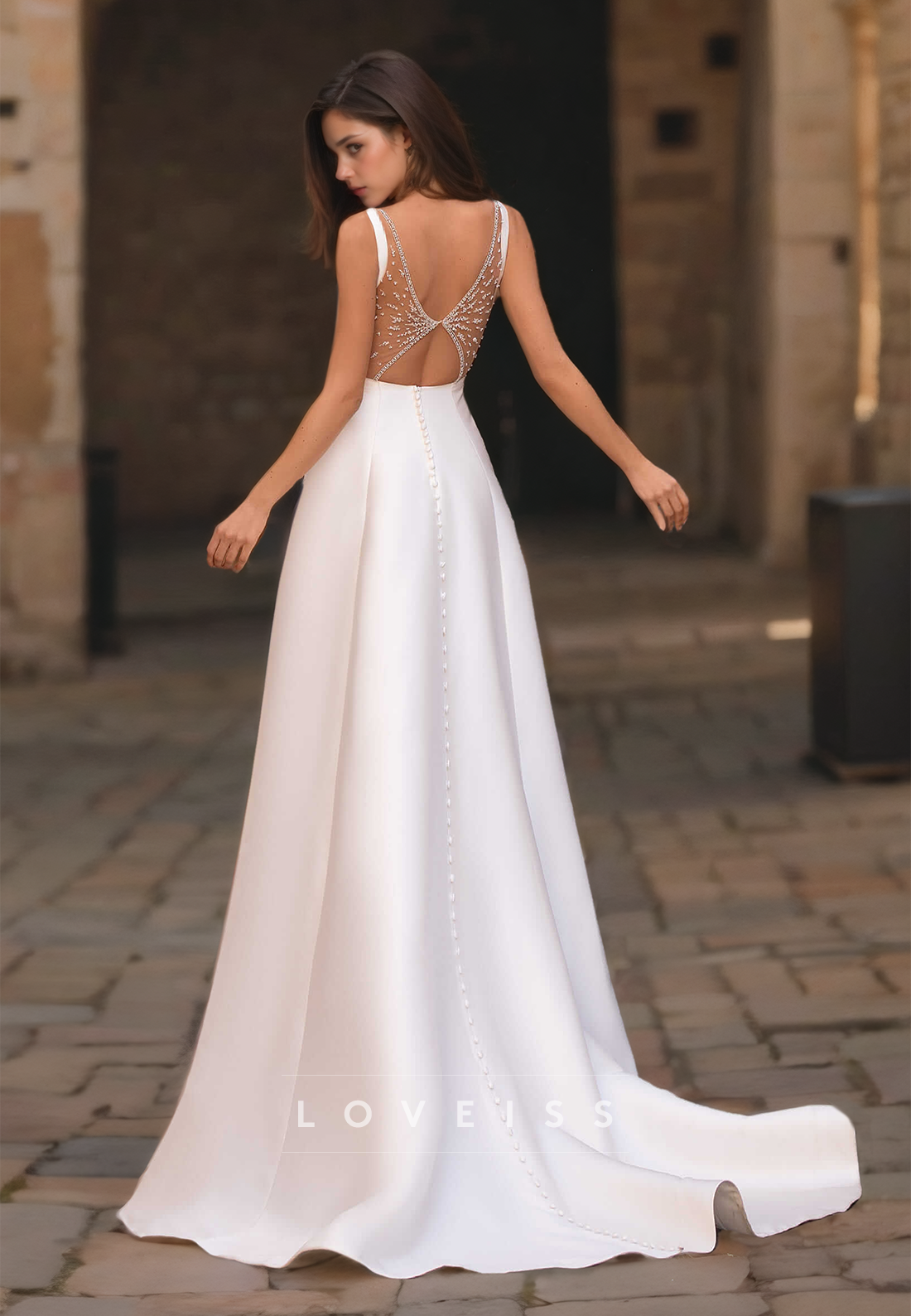 Scoop Straps Open Back Sleek Satin A-Line Wedding Dress