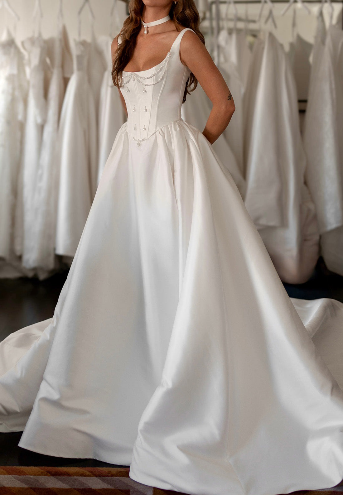 Scoop Straps Pearl Pleated Sleek A-Line Wedding Dress