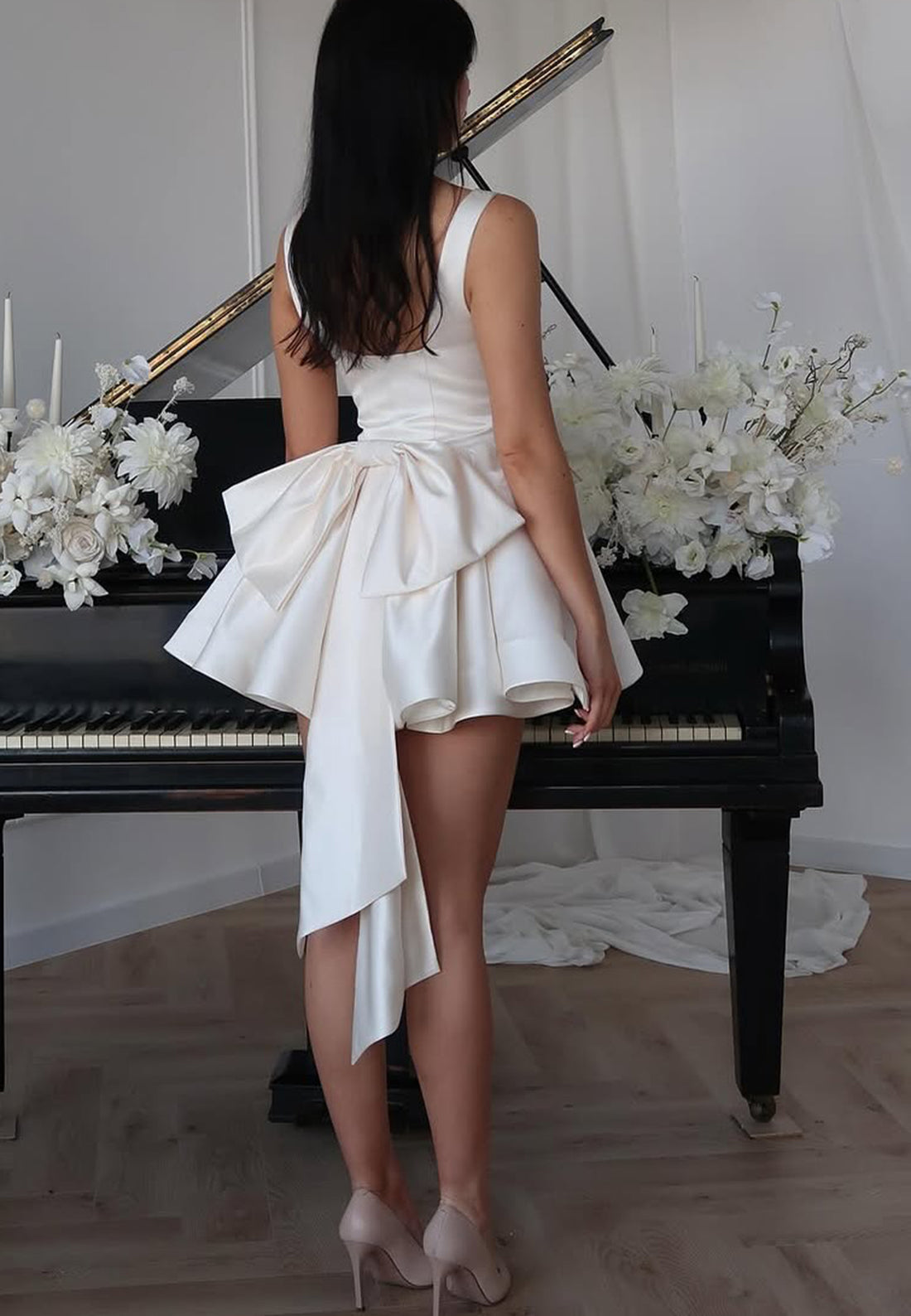 Scoop Straps Pleated Satin Short A-Line Beach Wedding Dress