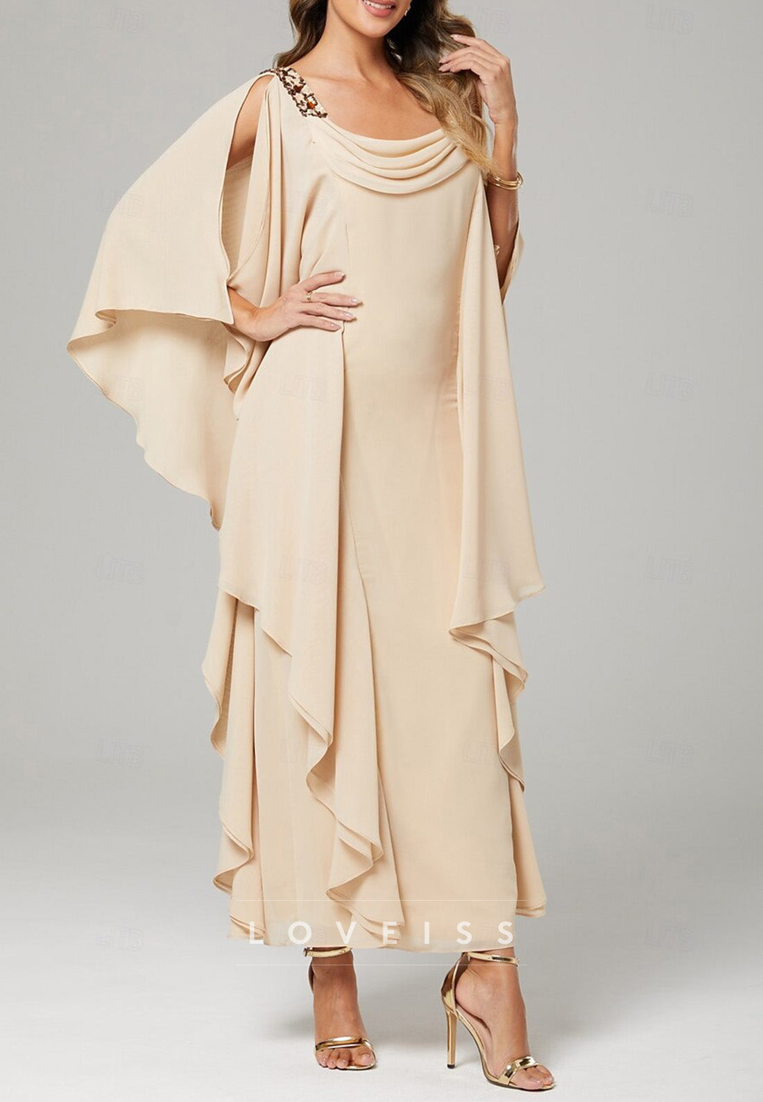 Scoop Straps Ruffled Sheath Mother of Bride Dress