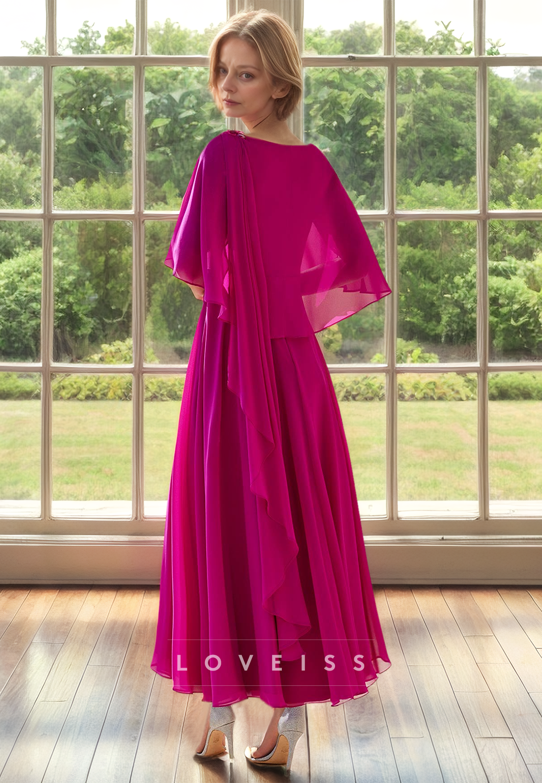 Scoop Half Sleeves Chiffon Appliques Pleated A-Line Mother of Bride Dress