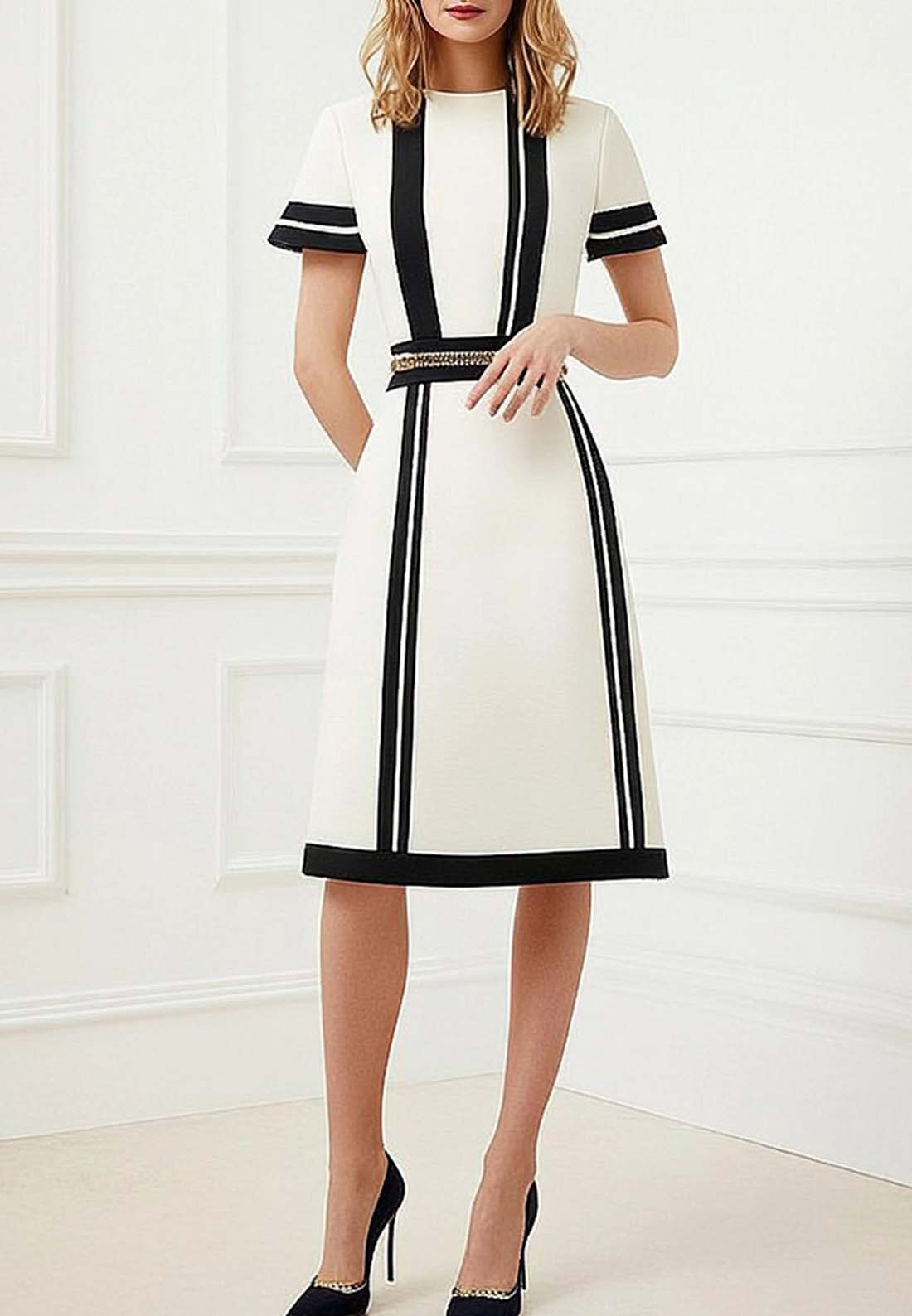 Semi-Formal Work Dress Black and White Colorblock Short Sleeve Midi Dr Loveiss Semi-Formal Work Dress Black and White Colorblock Short Sleeve Midi Dr Loveiss