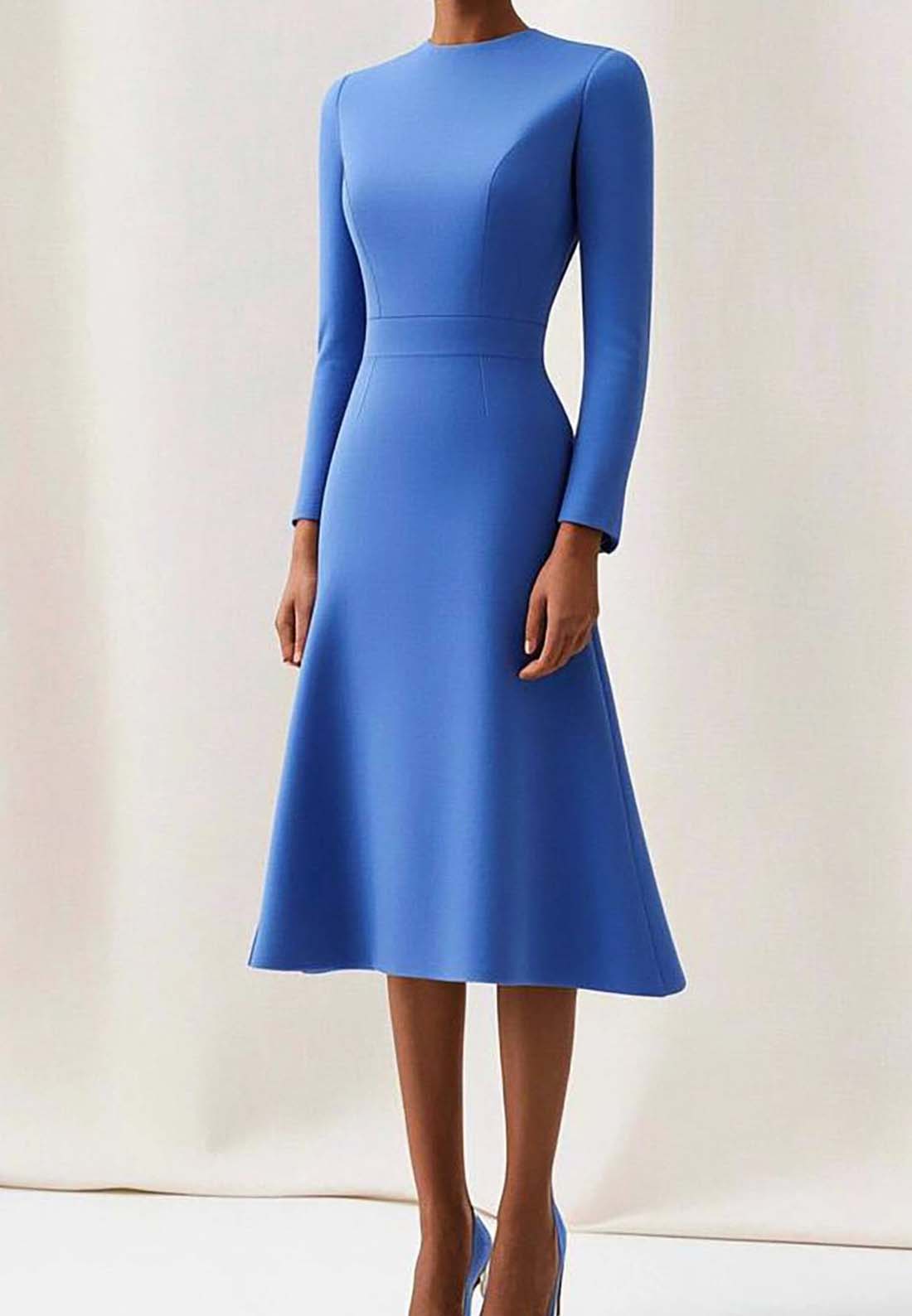 Semi-Formal Work Dress Blue Round Neck Long Sleeve Midi Dress Loveiss Semi-Formal Work Dress Blue Round Neck Long Sleeve Midi Dress Loveiss