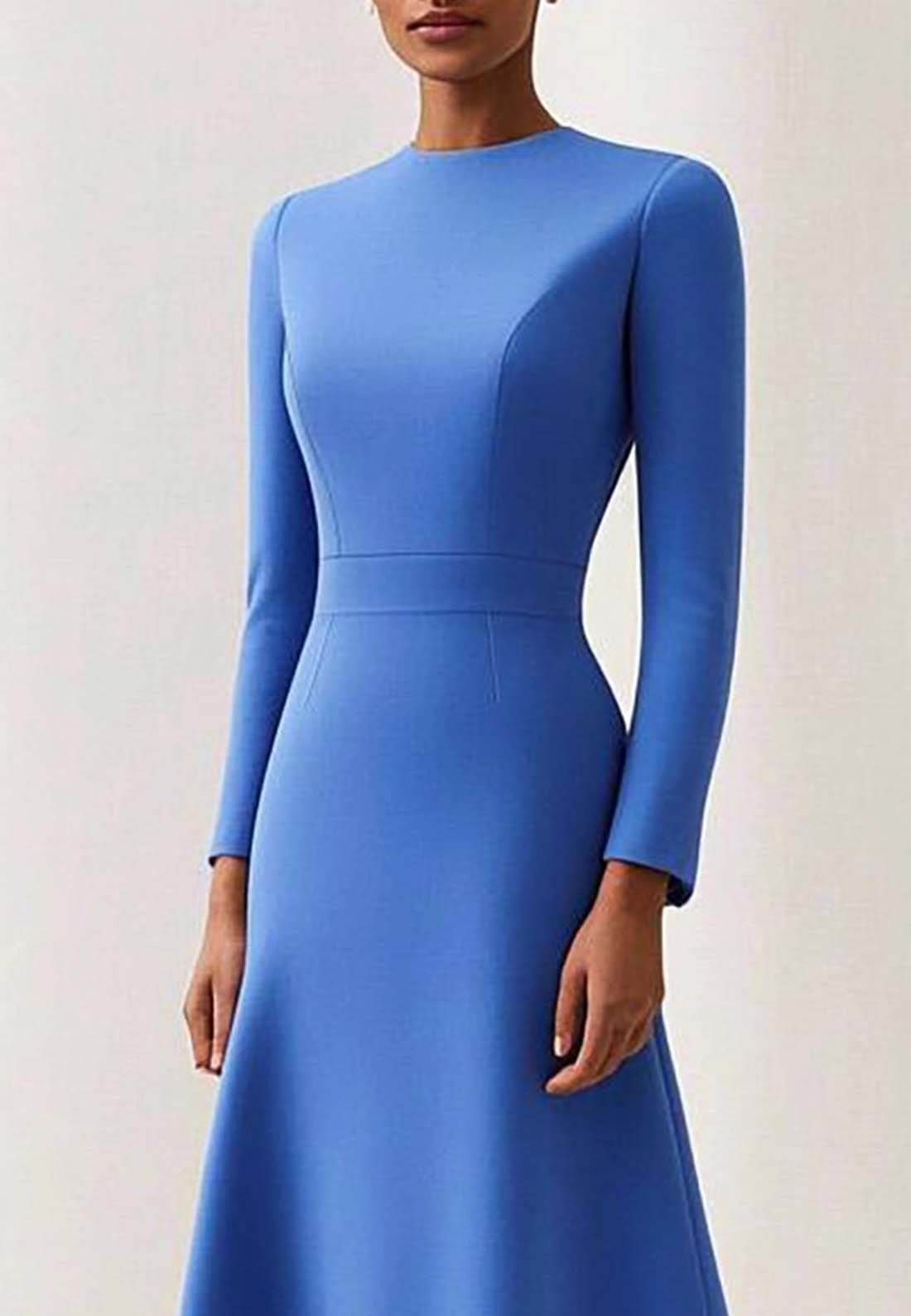 Semi-Formal Work Dress Blue Round Neck Long Sleeve Midi Dress