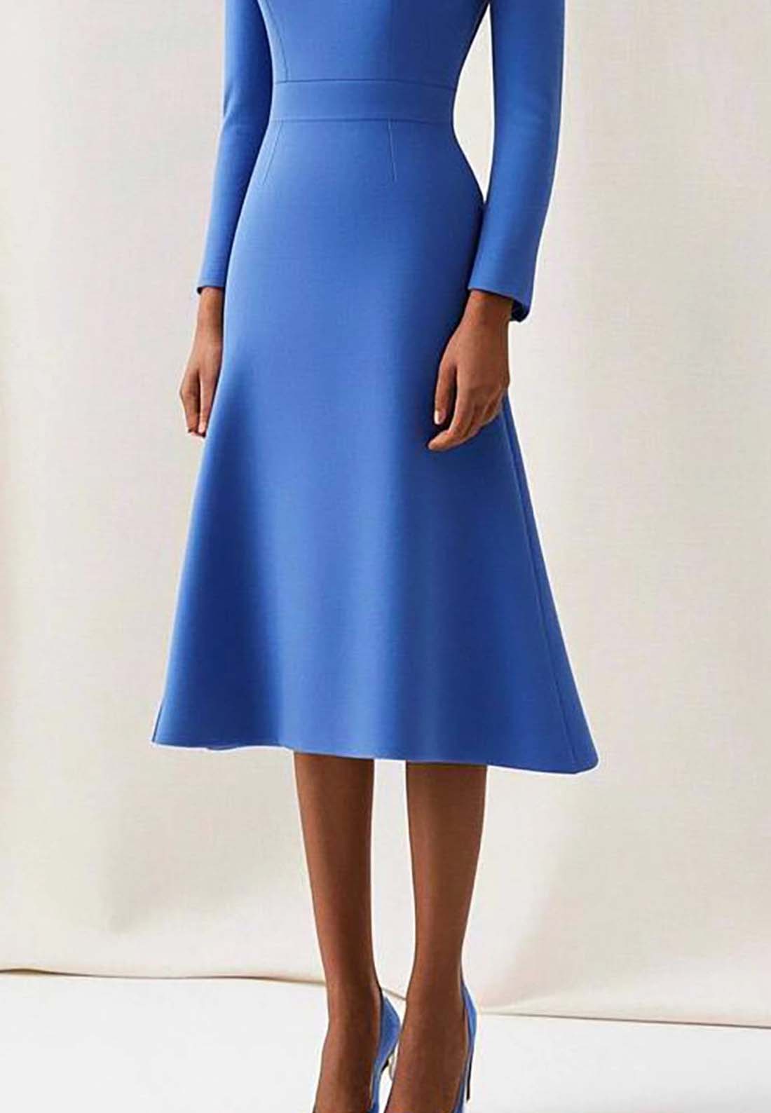Semi-Formal Work Dress Blue Round Neck Long Sleeve Midi Dress