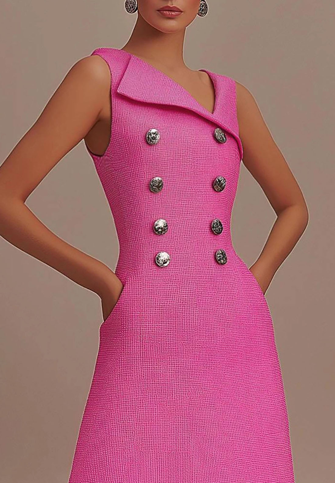 Semi-Formal Work Pink Dress Sleeveless Asymmetrical Neck Pocket Mini Dress