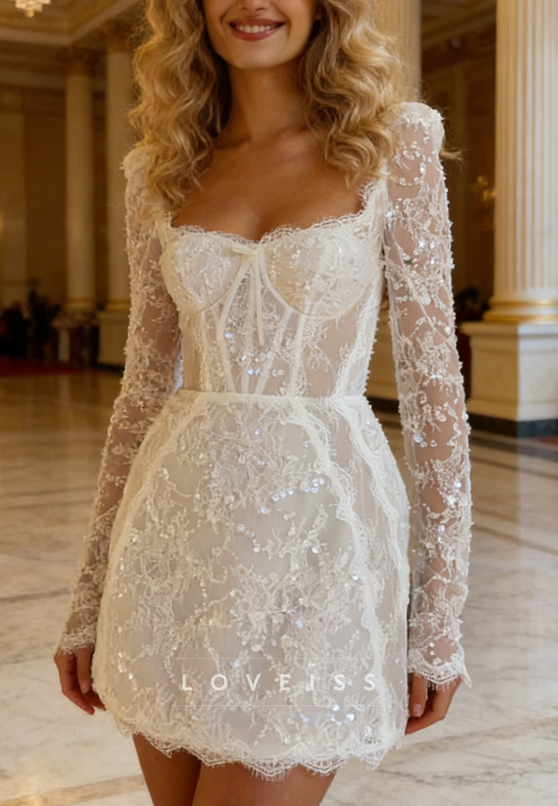 Semi-Sweetheart Long Sleeves Sequins Appliques Short A-Line Wedding Dress