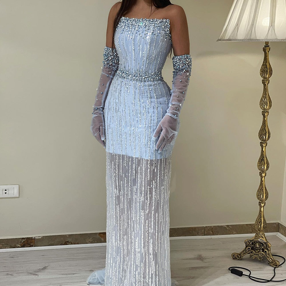 Elegant Light Blue Pearls Strapless Evening Dresses