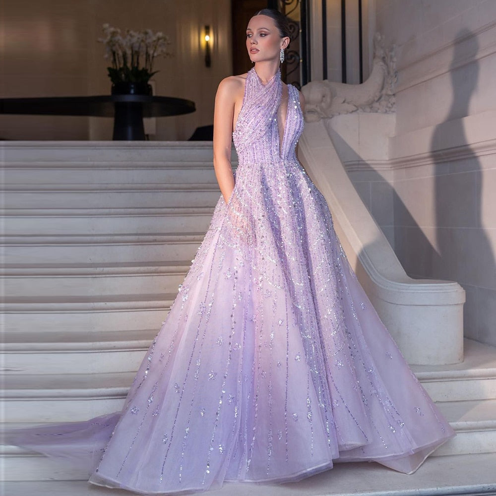 Luxury Beaded Lilac A-Line Long Evening Dress SS329