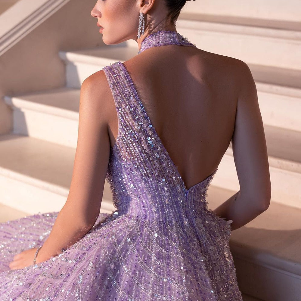 Luxury Beaded Lilac A-Line Long Evening Dress SS329