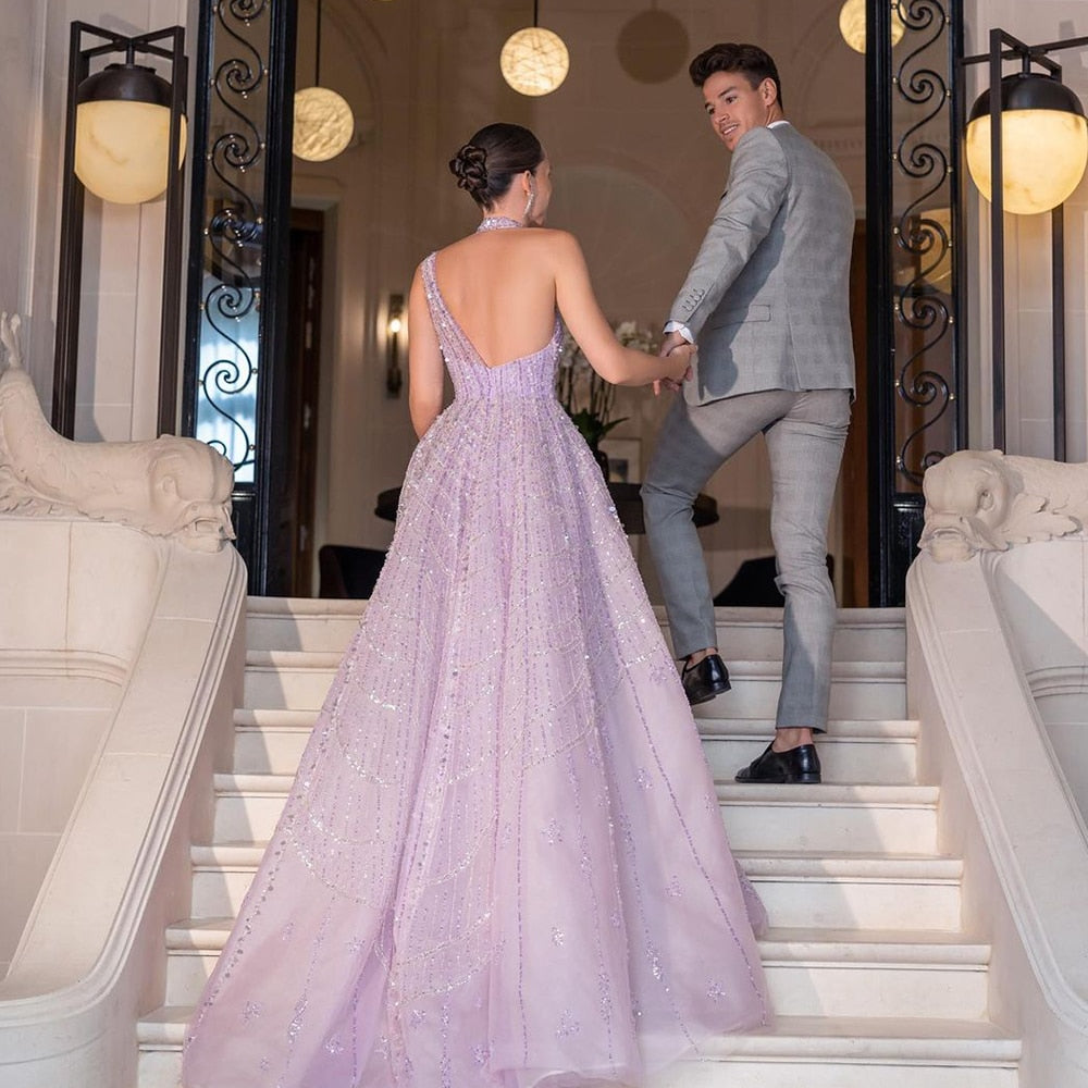 Luxury Beaded Lilac A-Line Long Evening Dress SS329
