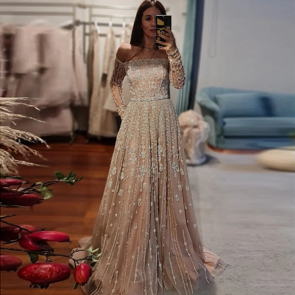 Luxury Nude Off Shoulder Long Sleeves Evening Dress