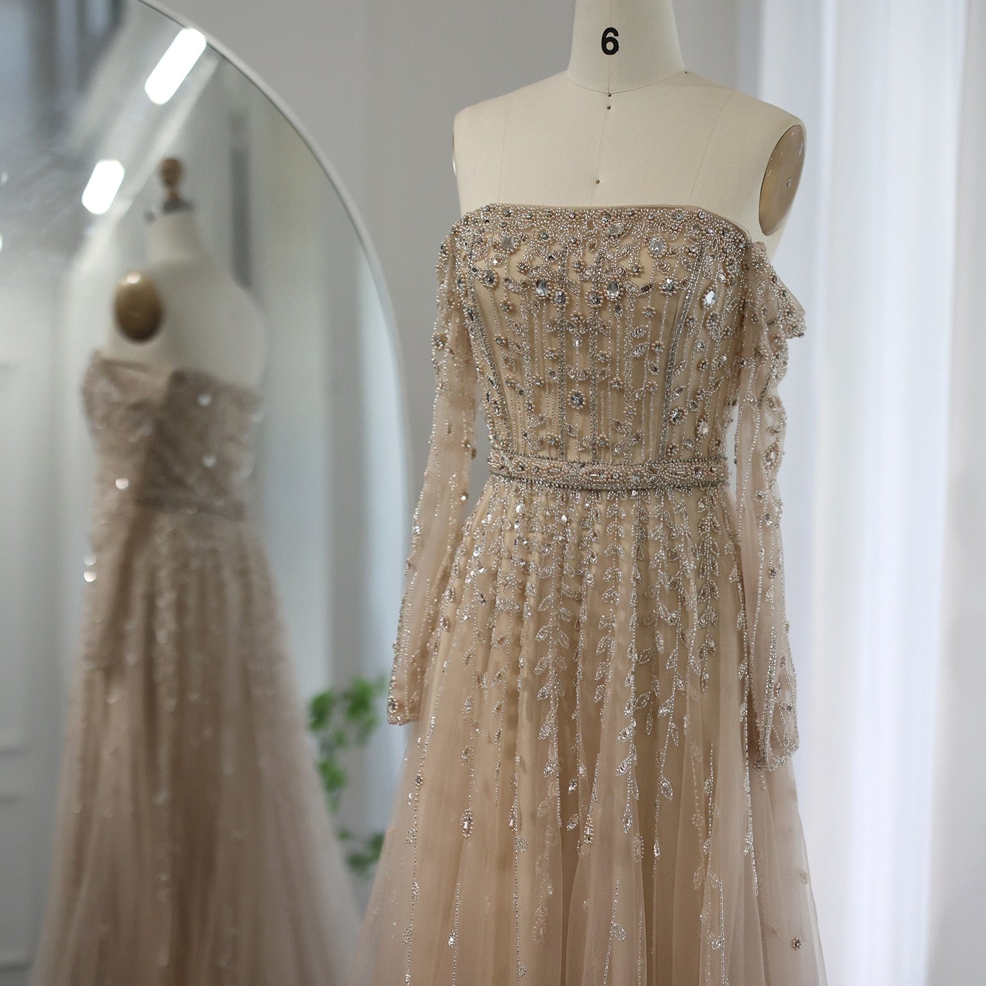 Luxury Nude Off Shoulder Long Sleeves Evening Dress