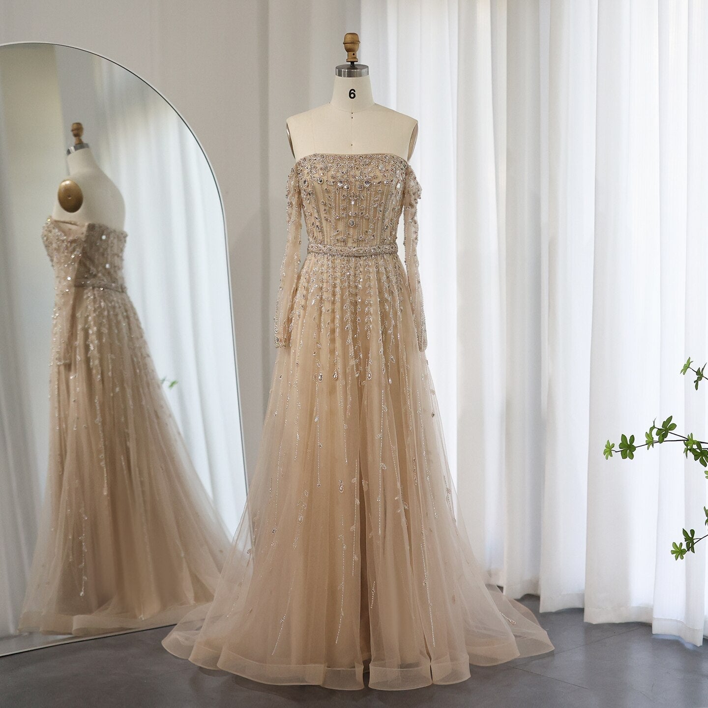 Luxury Nude Off Shoulder Long Sleeves Evening Dress