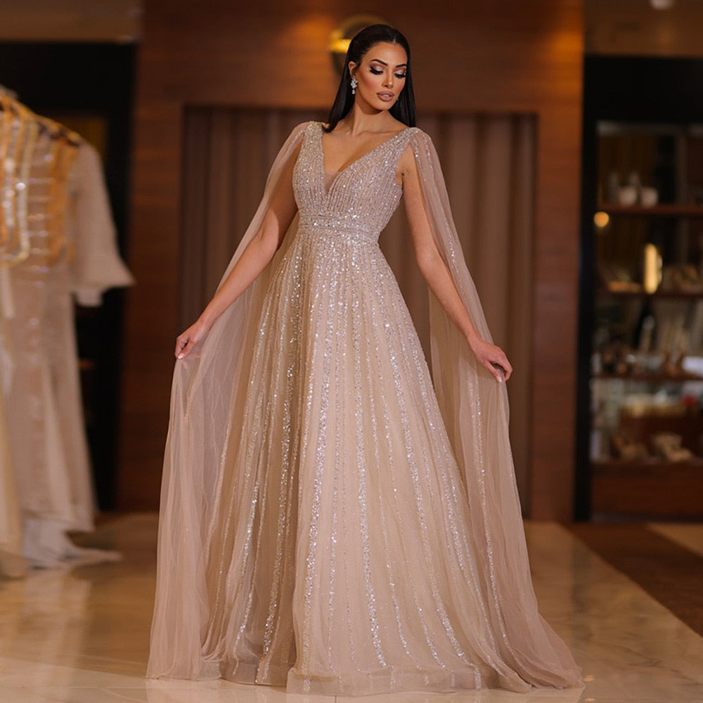 Luxury Beaded Nude Evening Dress with Cape Sleeves