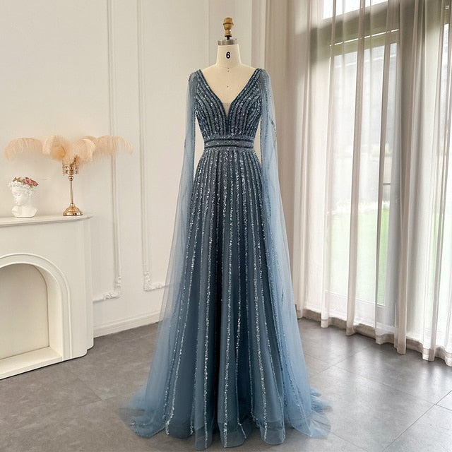 Luxury Beaded Nude Evening Dress with Cape Sleeves