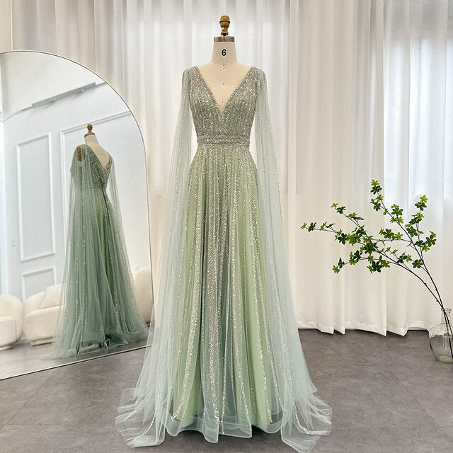 Luxury Beaded Nude Evening Dress with Cape Sleeves