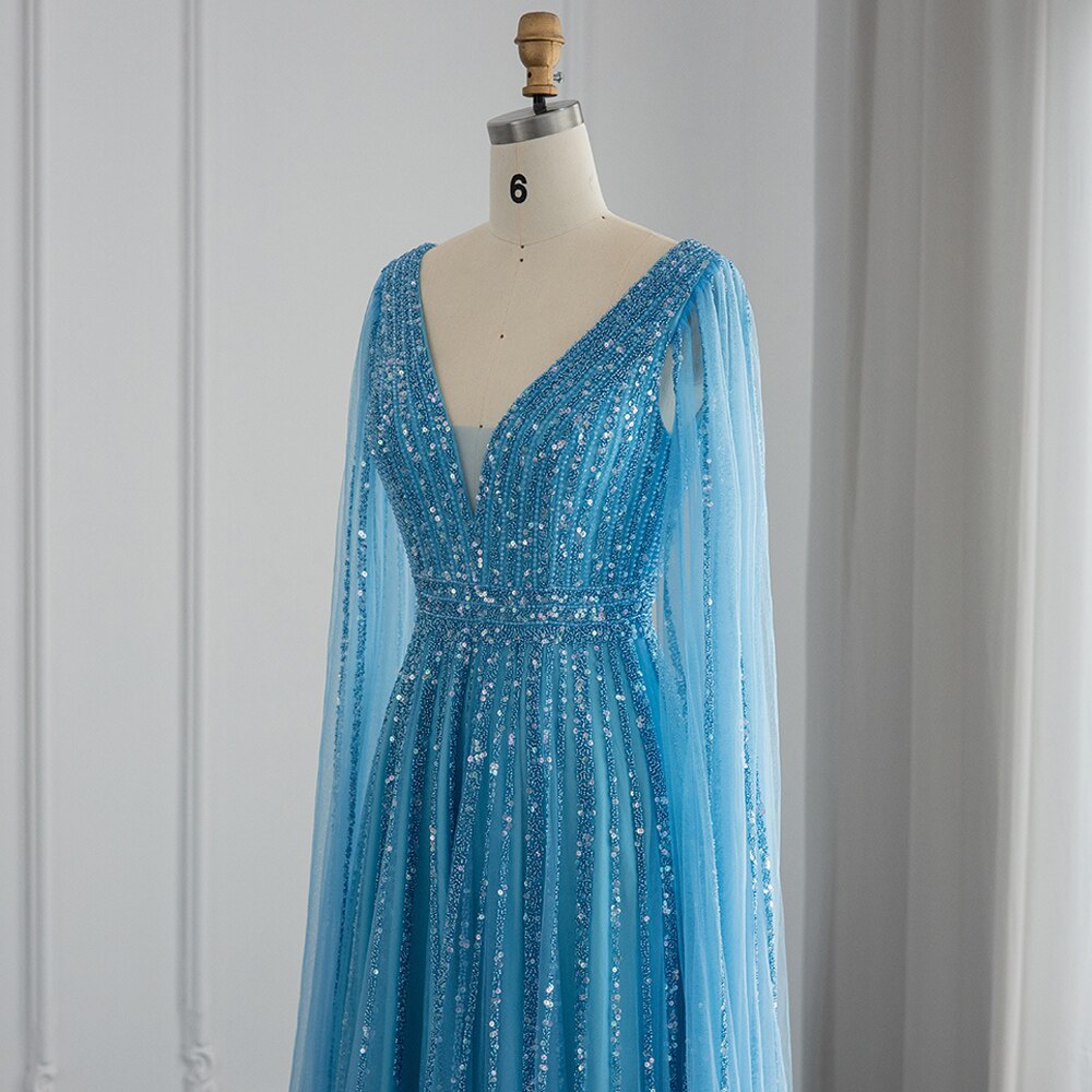 Luxury Beaded Nude Evening Dress with Cape Sleeves