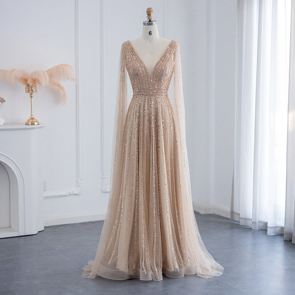 Luxury Beaded Nude Evening Dress with Cape Sleeves