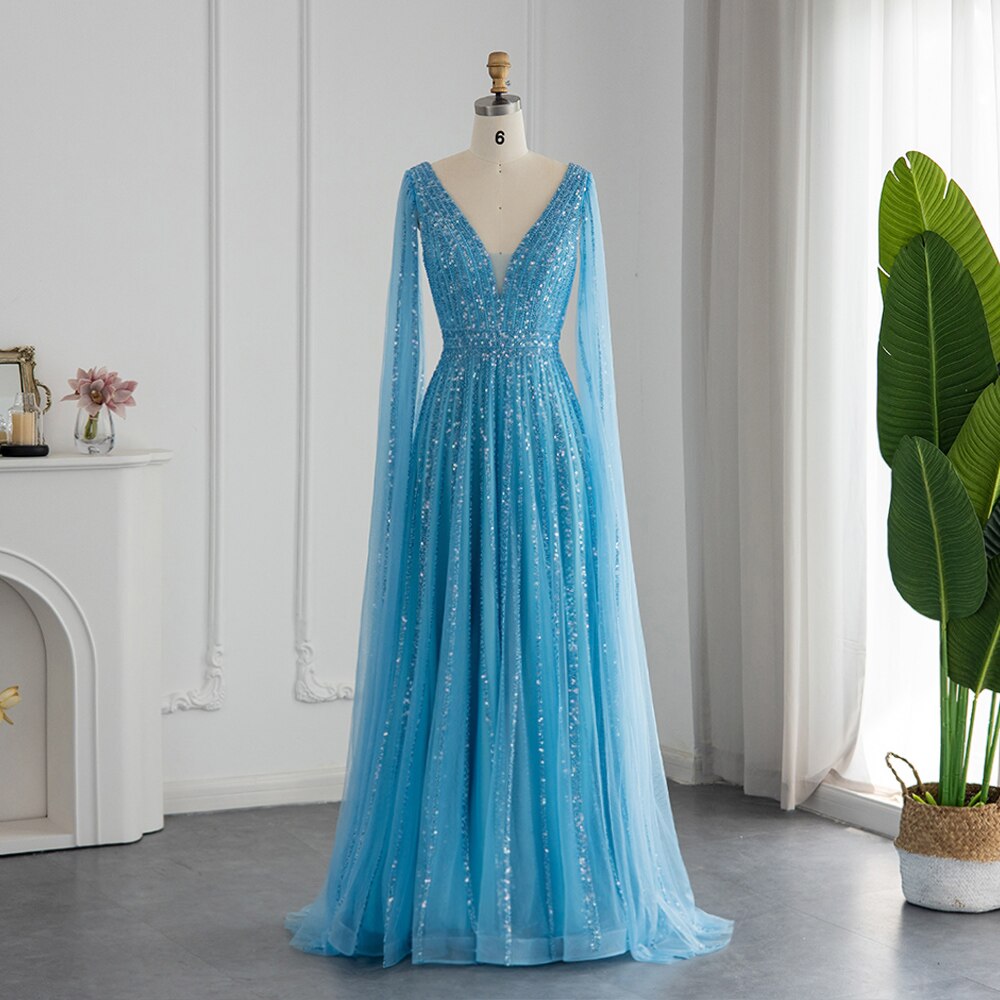 Luxury Beaded Nude Evening Dress with Cape Sleeves