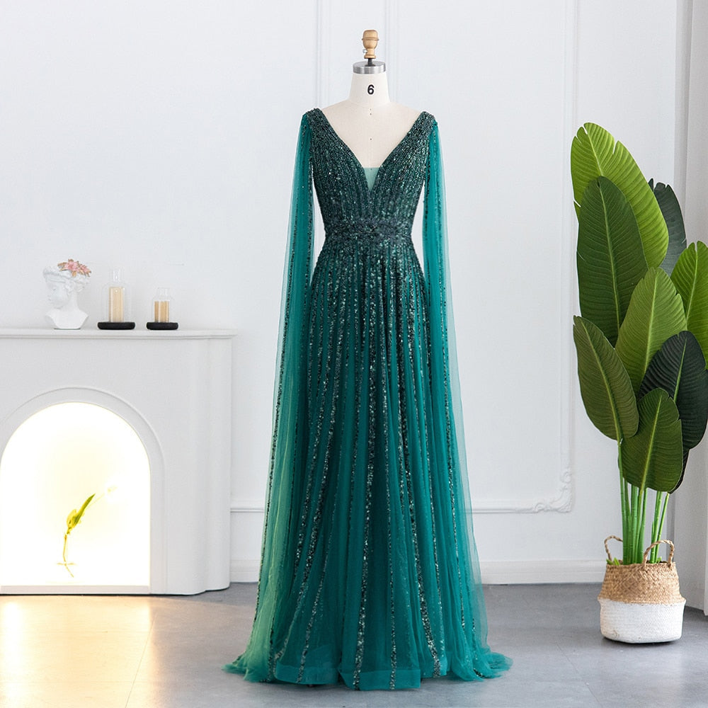 Luxury Beaded Nude Evening Dress with Cape Sleeves