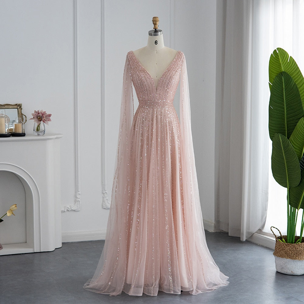 Luxury Beaded Nude Evening Dress with Cape Sleeves