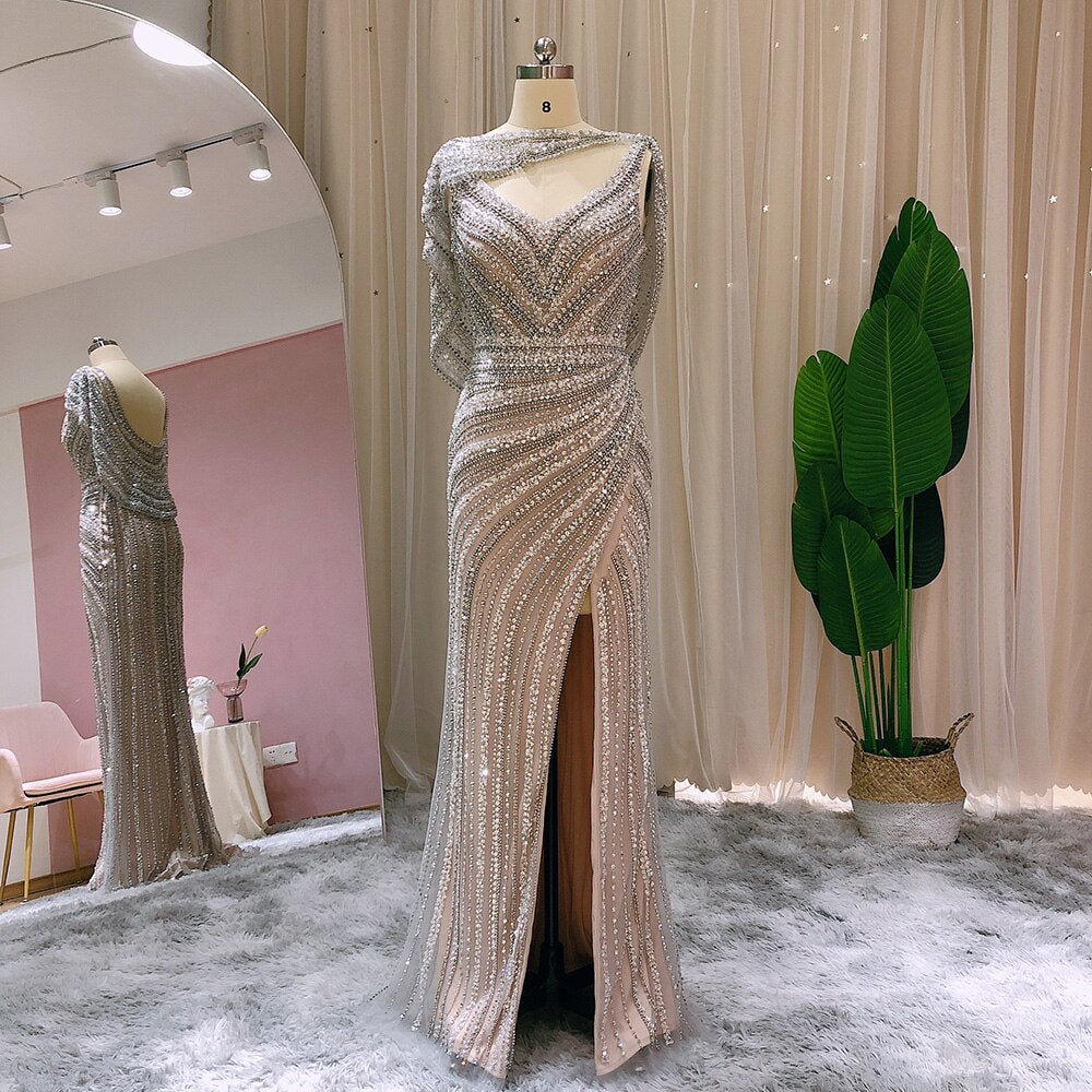 Luxury Beaded Silver Mermaid Evening Dress with Cape