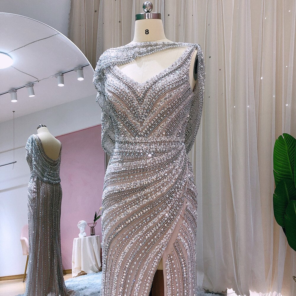 Luxury Beaded Silver Mermaid Evening Dress with Cape